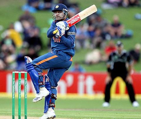 Sehwag executes a pull during his 56 ball 77 in the first game in Napier